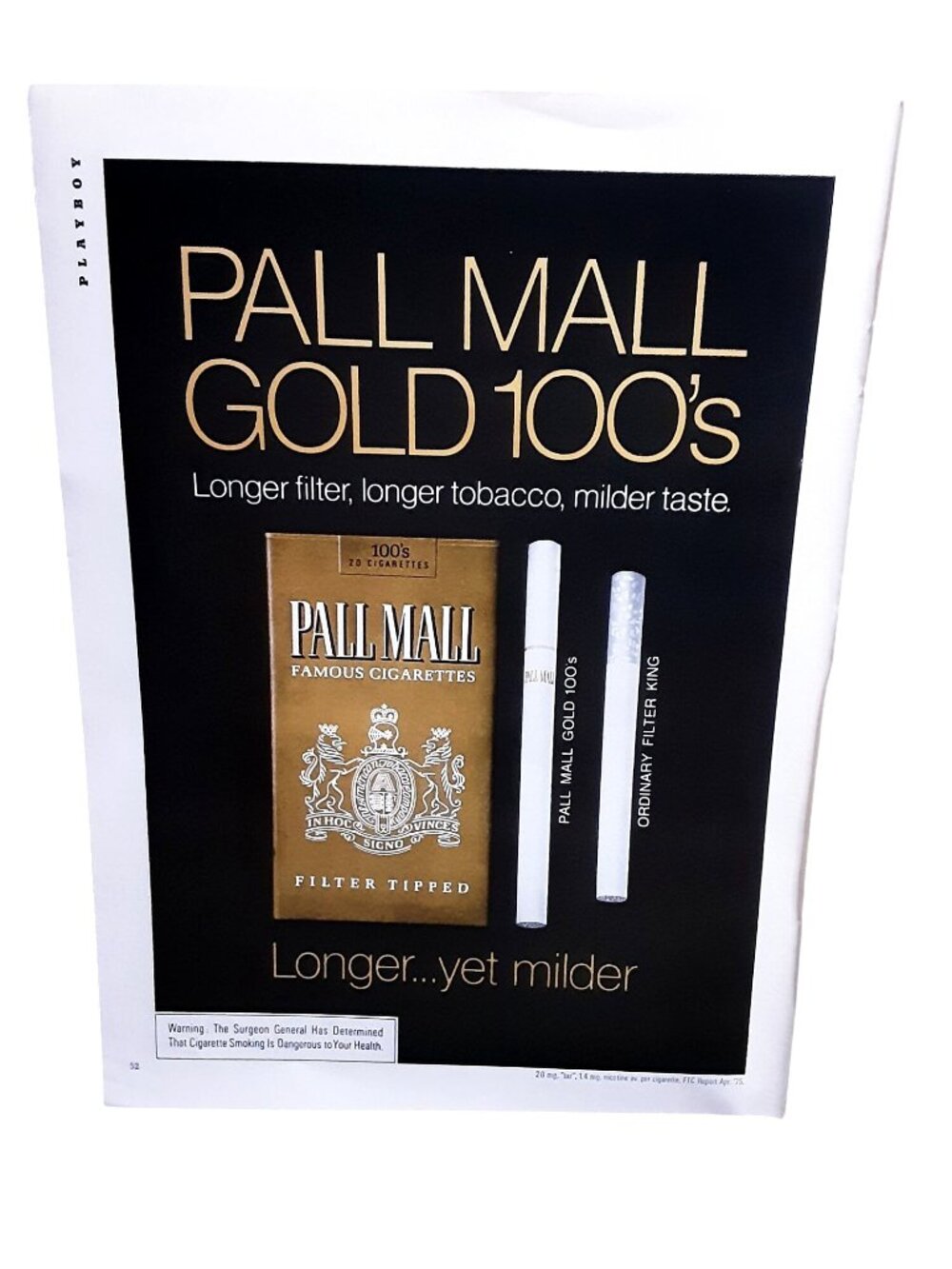 1975 Pall Mall Gold 100s Vintage Cigarette Advertising Print Retro Tobacco Decor
